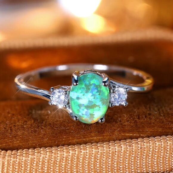 NEW 18k White Gold Green Fire Opal Diamond Ring Band - Picture 2 of 11